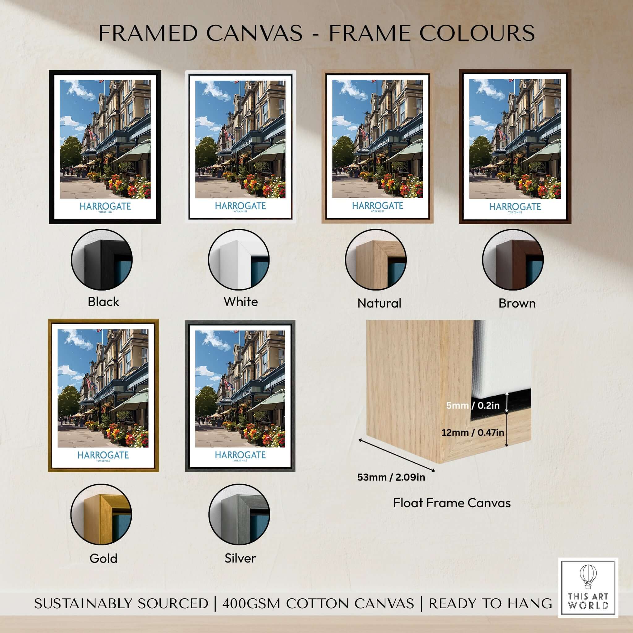 Framed canvas color options for Harrogate Yorkshire Art Print | Floral Cafe Scene Poster showcasing various frame styles.