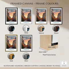 Framed canvas options for Harrogate Yorkshire Autumn Street Art Print | Sunset Avenue Poster in various colours.