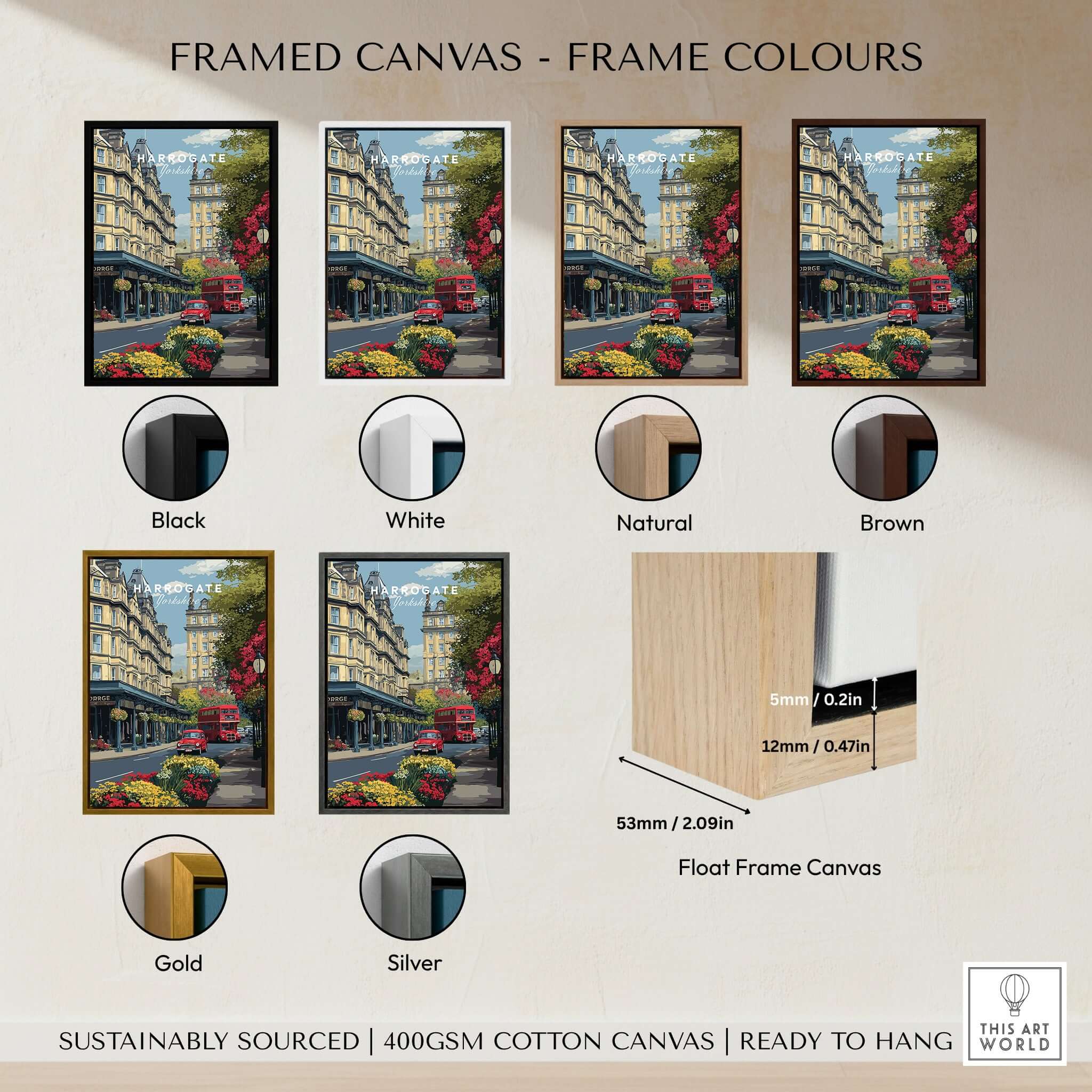 Framed canvas colors for Harrogate Print | English City Wall Decor showcasing Black, White, Natural, Brown, Gold, and Silver frames.