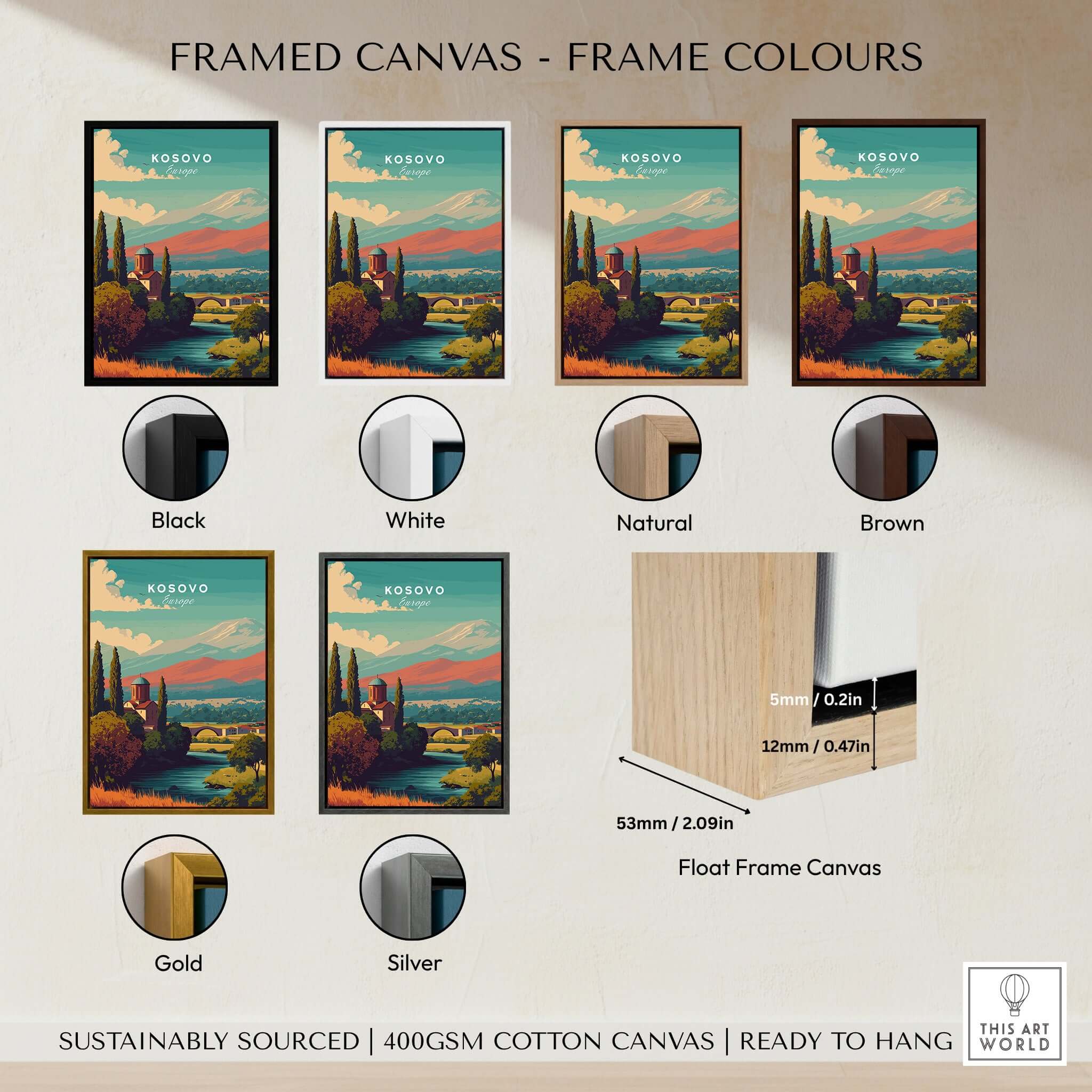 Kosovo Peja Canvas Print | European Travel Wall Art framed color options including Black, White, Natural, Brown, Gold, Silver.