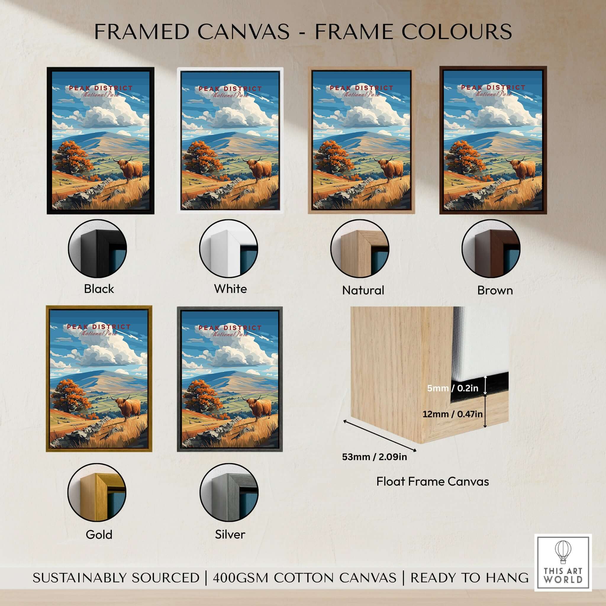 Framed canvas color options for Peak District Mam Tor View Canvas Print | Autumn Landscape Wall Decor including black, white, natural, brown, gold, and silver.