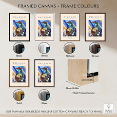 Framed canvas color options for Picasso Woman Red Hat Blue Face Portrait Print Colorful Cubist Poster Artwork Collection.