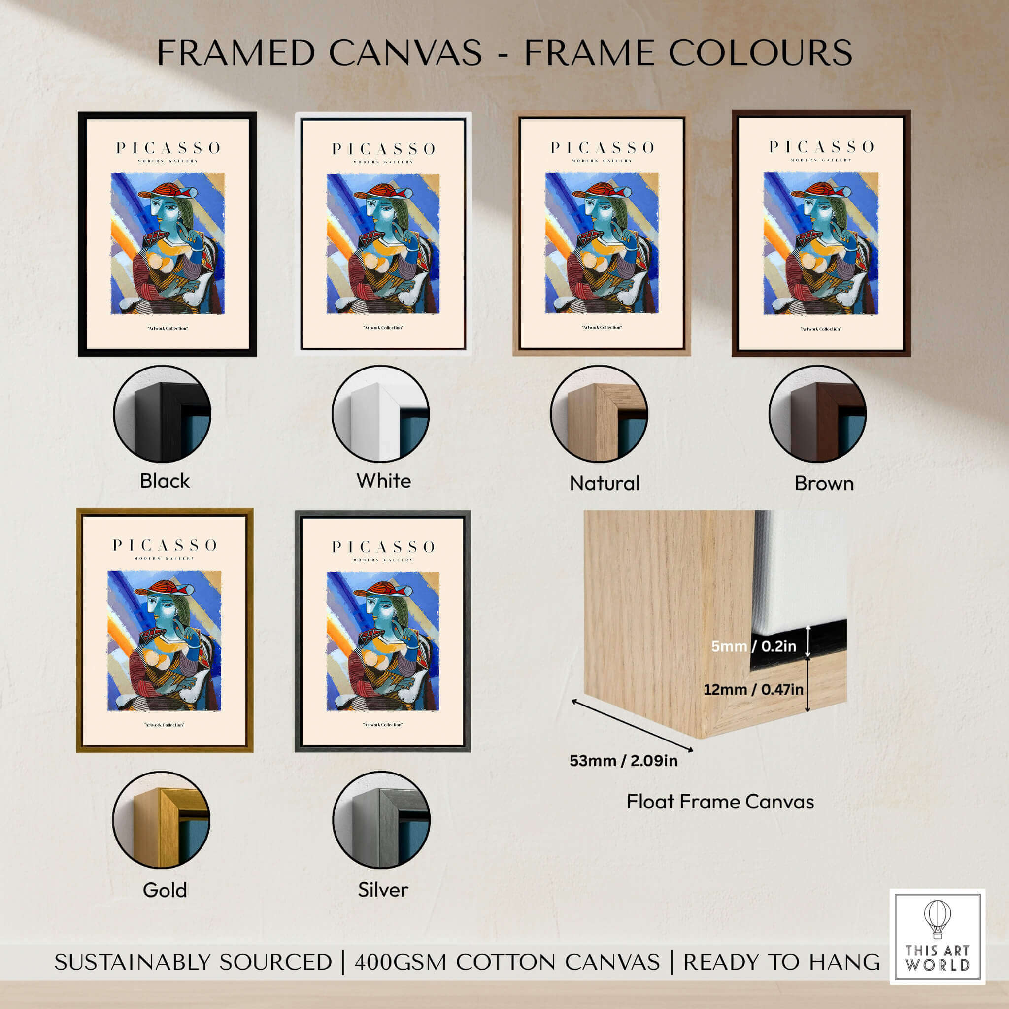 Framed canvas color options for Picasso Woman Red Hat Blue Face Portrait Print Colorful Cubist Poster Artwork Collection.