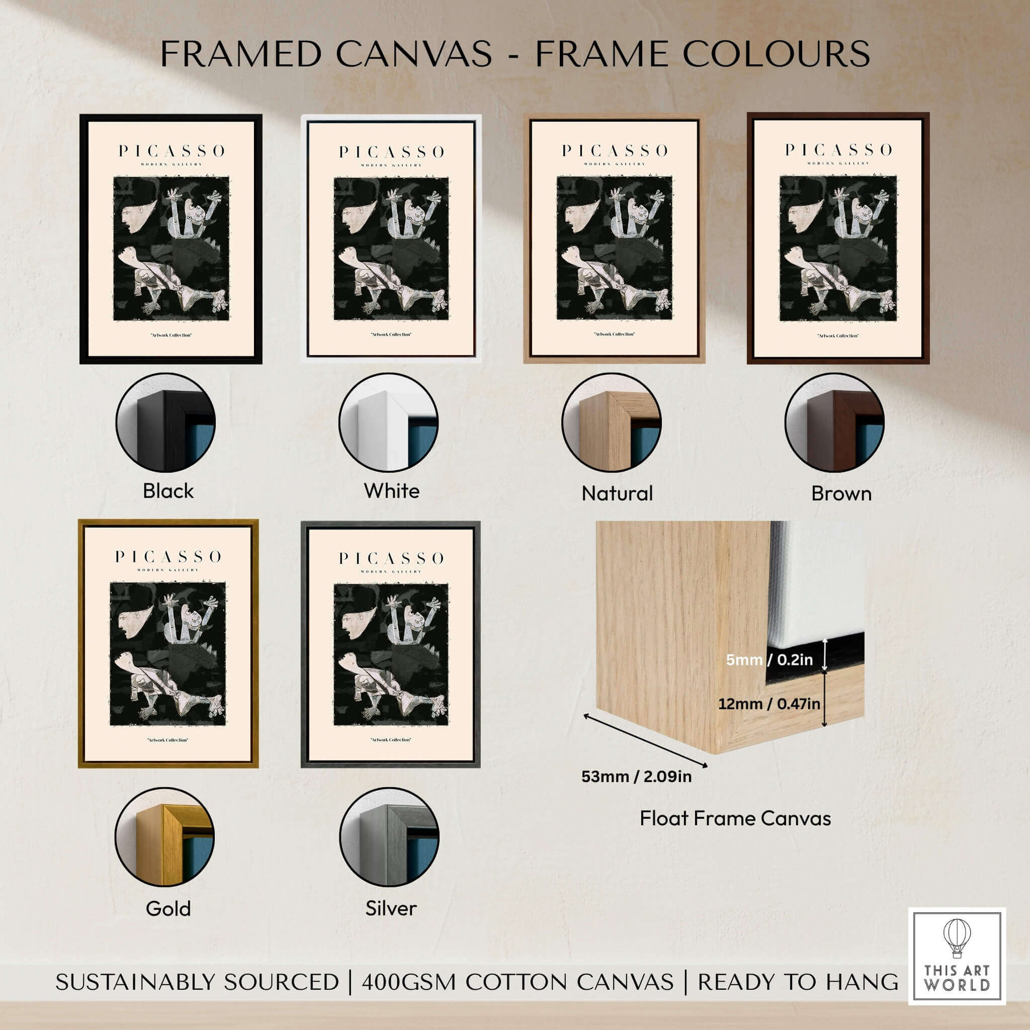 Framed canvas color options for Picasso Guernica Inspired Falling Figures Art Print Abstract Black White Poster Collection