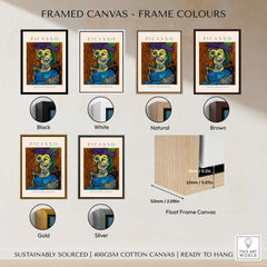 Framed canvas options for Picasso Seated Woman Blue Dress Dora Maar 1939 Art Print Cubist Portrait Poster in various colors.