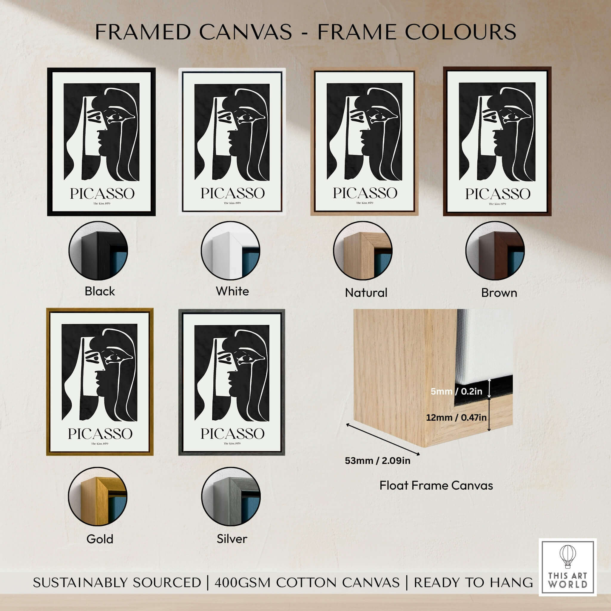 Picasso The Kiss 1979 Black White Abstract Profile Poster Art Print Wall Decor framed canvas options with colors.