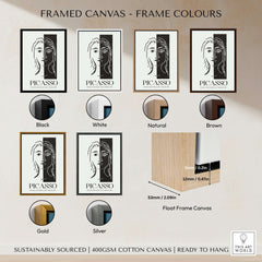 Framed canvas color options for Picasso Portrait Deux Parties Black White Split Face Art Print Poster including Black, White, Natural, Brown, Gold, Silver.