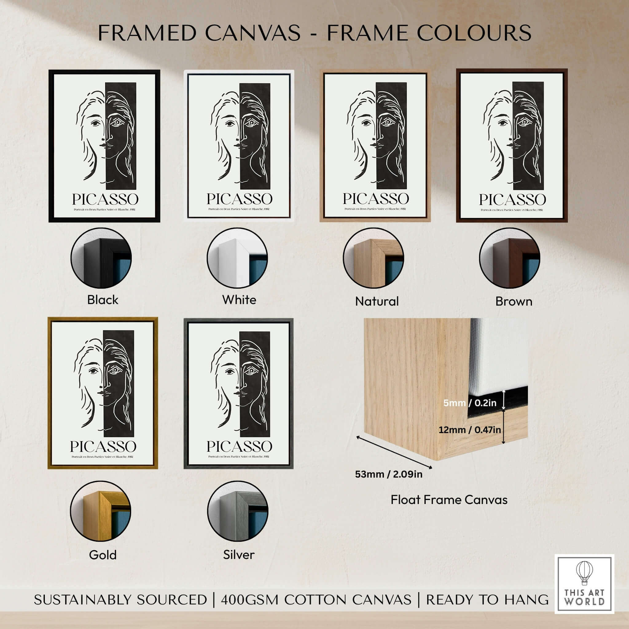 Framed canvas color options for Picasso Portrait Deux Parties Black White Split Face Art Print Poster including Black, White, Natural, Brown, Gold, Silver.