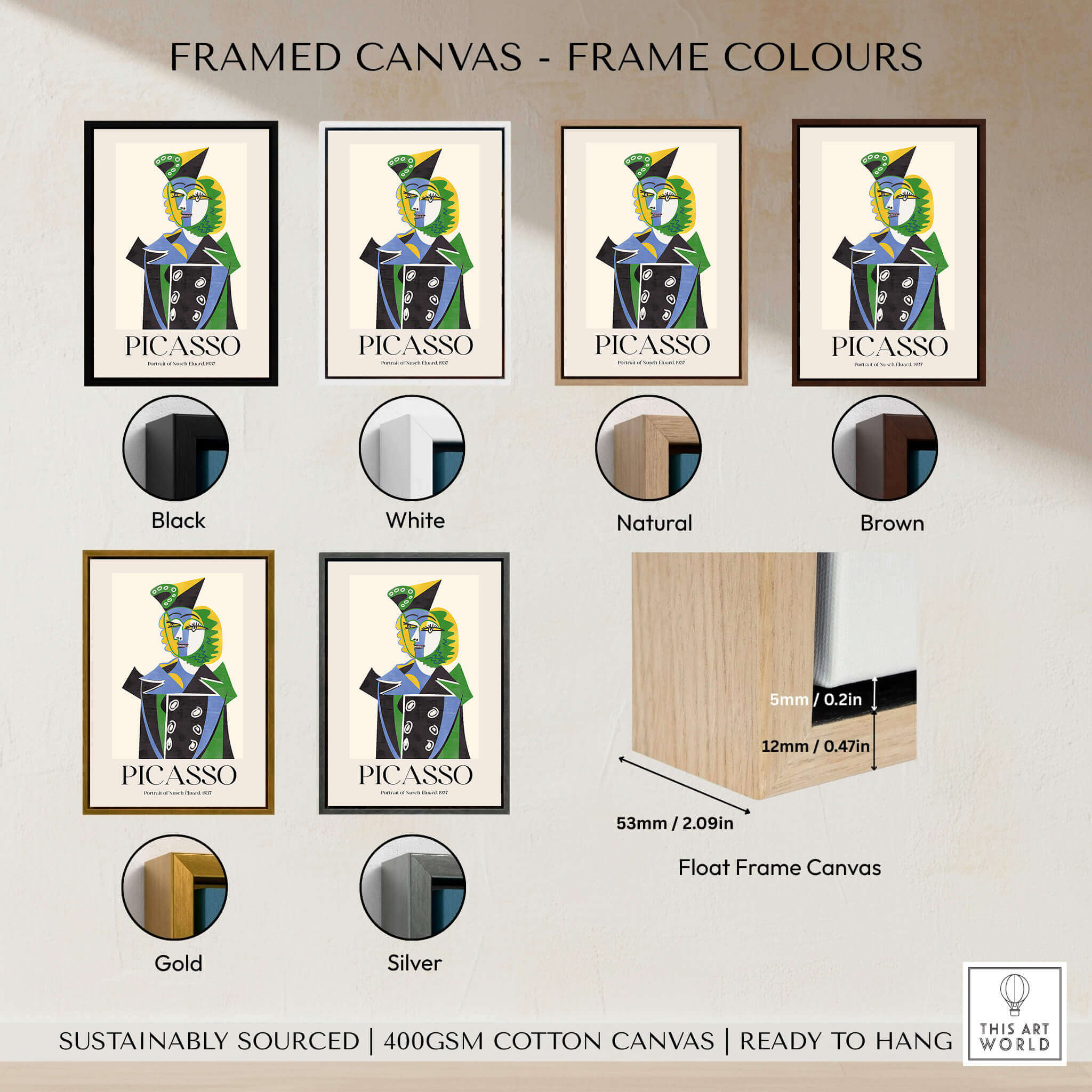 Framed canvas options for Picasso Portrait Nusch Eluard 1937 Colorful Cubist Art Print Modern Poster Wall Art.