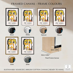 Framed canvas options for Picasso Stylized Portrait Jacqueline 1962 Abstract Art Print Yellow Red Poster in various colors.