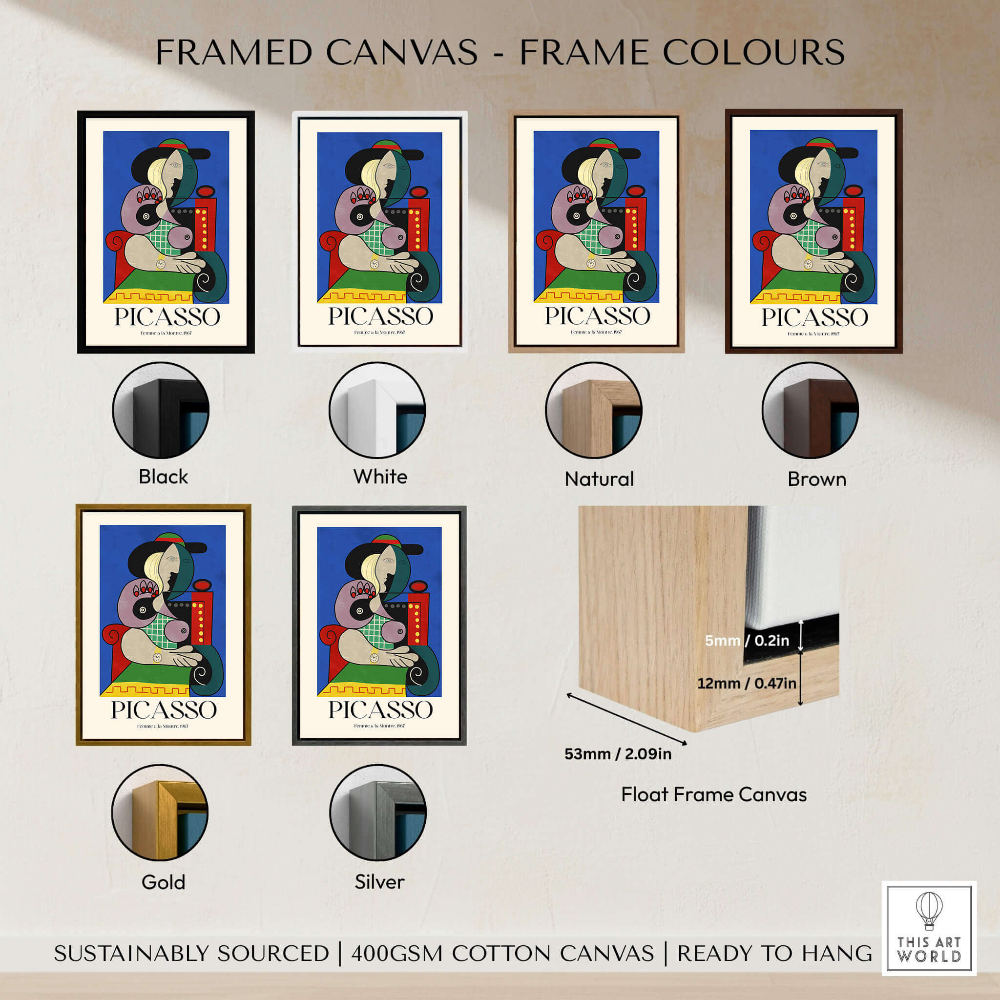 Framed canvas options for Picasso Femme a la Montre Woman Watch 1967 Art Print Cubist Poster, showcasing different frame colours.