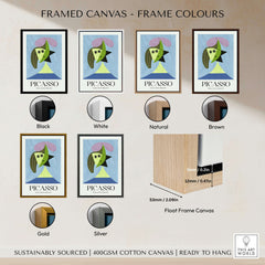 Framed canvas options for Picasso Woman Hat Olga 1935 Abstract Portrait Art Print Simple Shapes Poster Decor with color samples.