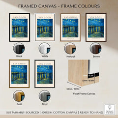 Framed canvas color options for Vincent van Gogh Starry Night Over the Rhône 1888 poster print in black, white, natural, brown, gold, silver.