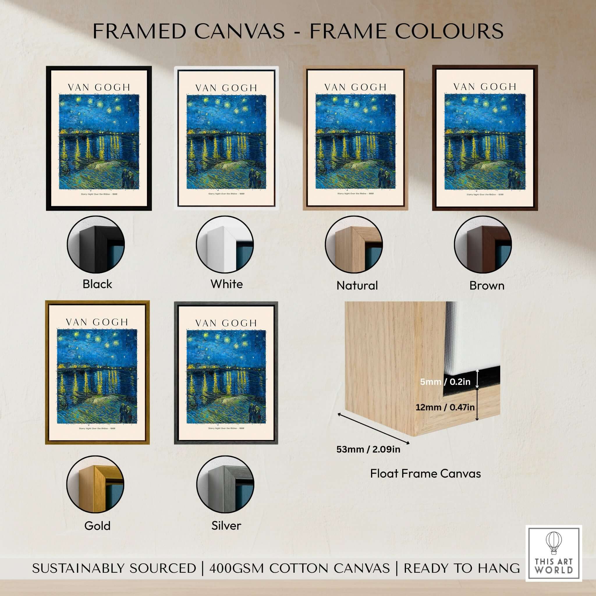 Framed canvas color options for Vincent van Gogh Starry Night Over the Rhône 1888 poster print in black, white, natural, brown, gold, silver.