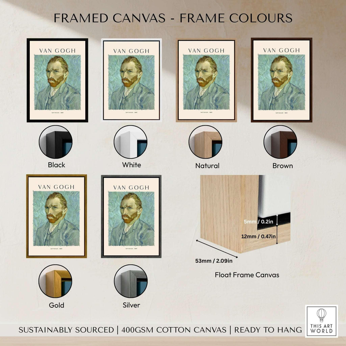 Vincent van Gogh Self Portrait 1889 Blue Post Impressionist Art Print Poster Wall Art with various frame colors.