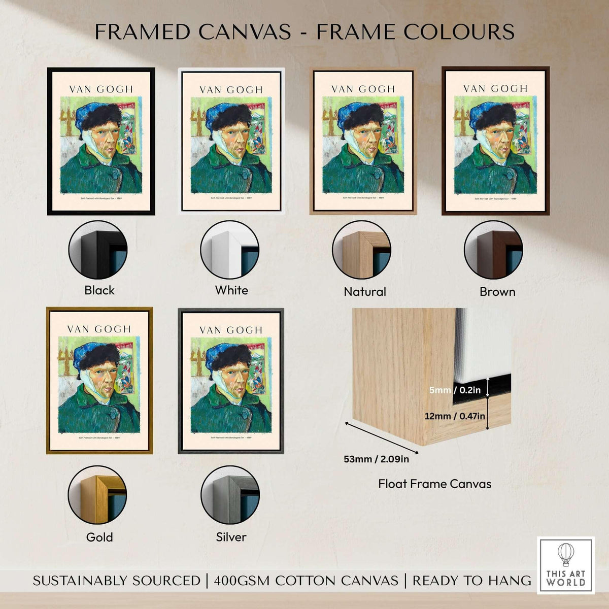 Framed canvas options for Vincent van Gogh Self Portrait Bandaged Ear 1889 Famous Art Print Poster Wall Decor in various colors.
