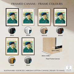 Framed canvas options for Vincent van Gogh Self Portrait Bandaged Ear 1889 Famous Art Print Poster Wall Decor in various colors.