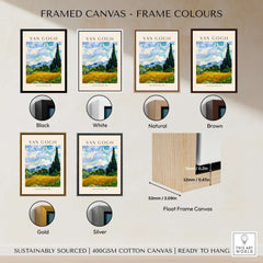 Framed canvas options featuring Vincent van Gogh Wheat Field with Cypresses 1889 Landscape Art Print in various frame colors.