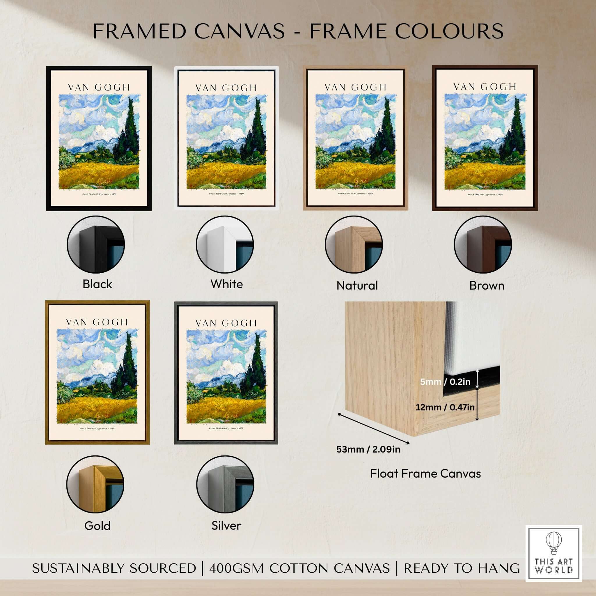 Framed canvas options featuring Vincent van Gogh Wheat Field with Cypresses 1889 Landscape Art Print in various frame colors.