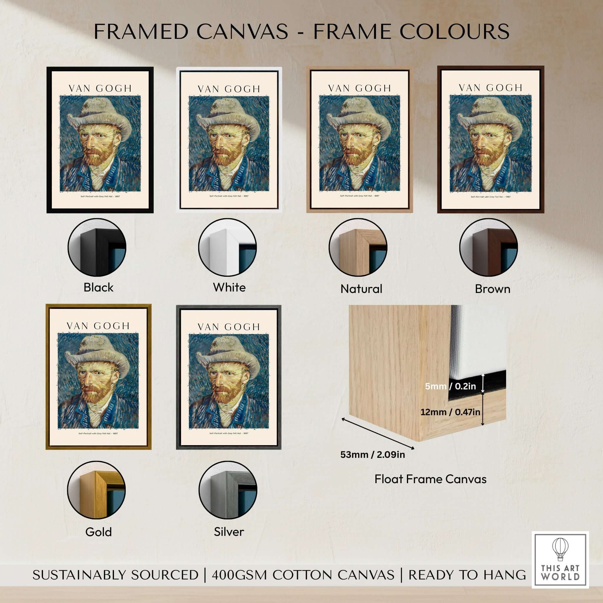 Framed canvas options for Vincent van Gogh Self Portrait Grey Felt Hat 1887 Art Print Poster in various colors.