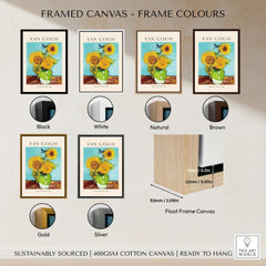 Framed canvas options for van Gogh Sunflowers Print - Sunflower Wall Art in various colors including black, white, natural, and brown.