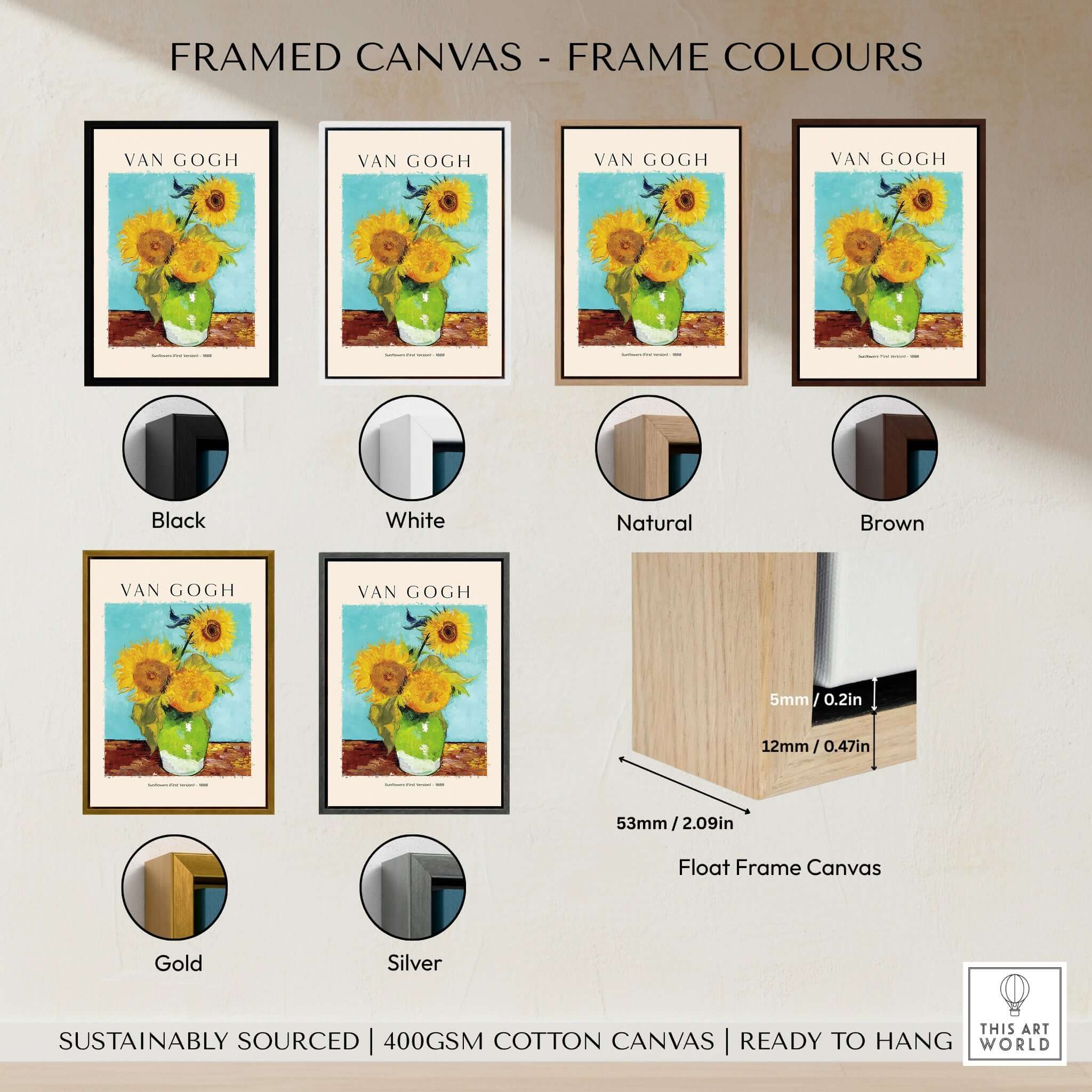 Framed canvas options for van Gogh Sunflowers Print - Sunflower Wall Art in various colors including black, white, natural, and brown.