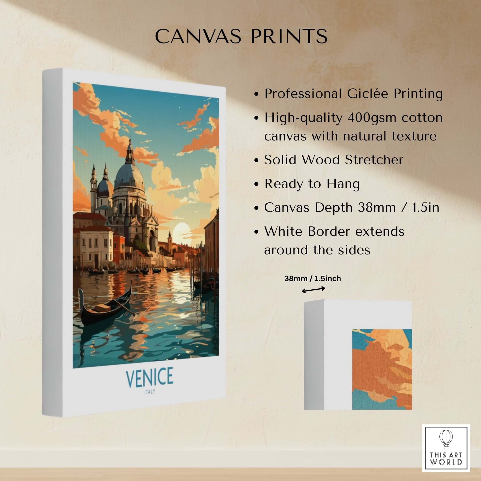 Canvas print of Venice, Italy featuring vibrant colors and iconic architecture, perfect for wall decor.