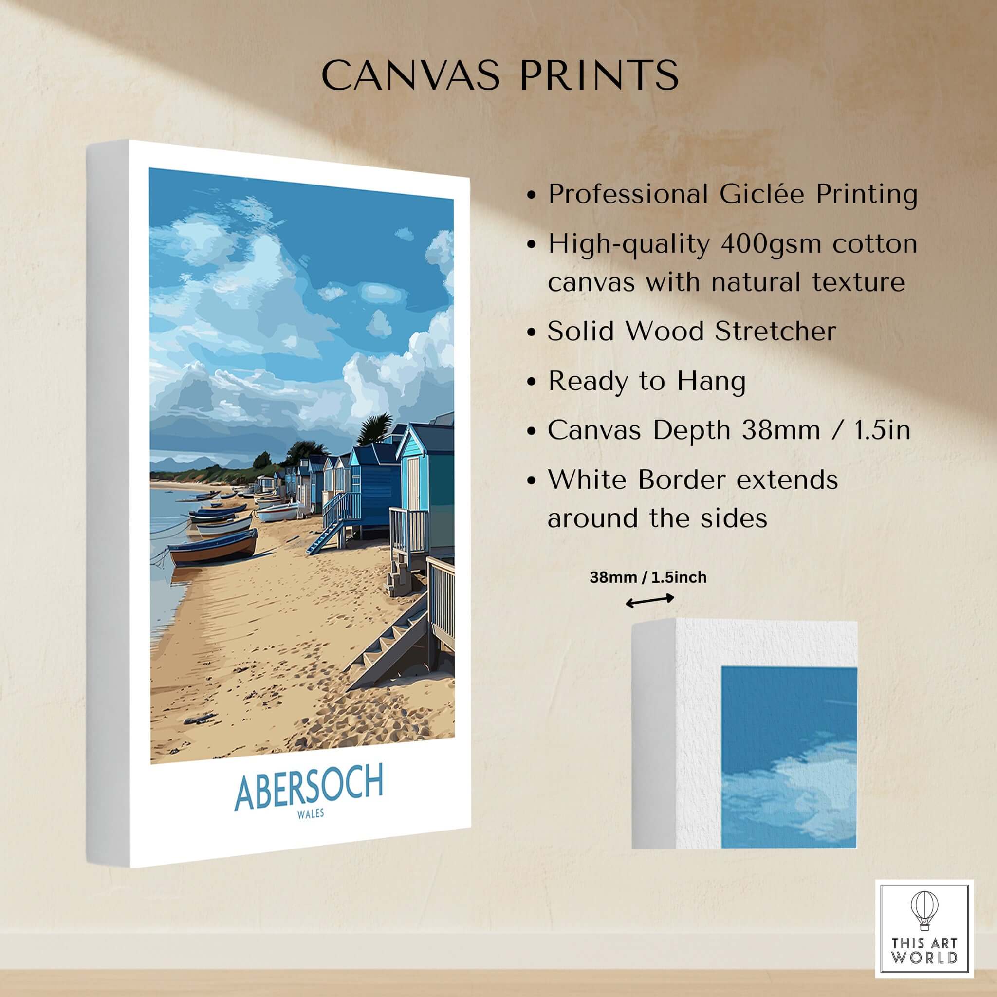 Abersoch Wales Beach Huts Art Print | Coastal Boats Wall Decor Poster showcasing vibrant beach huts and boats.