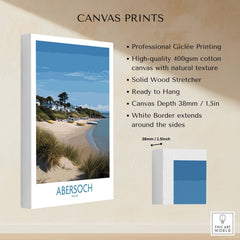 Abersoch Wales Sand Dunes Beach Art Print | Sailboats Coastal Wall Decor on display with canvas texture and solid wood stretcher.