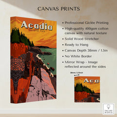 Acadia National Park canvas print showing rocky coast, pine trees, and vibrant sunset sky.