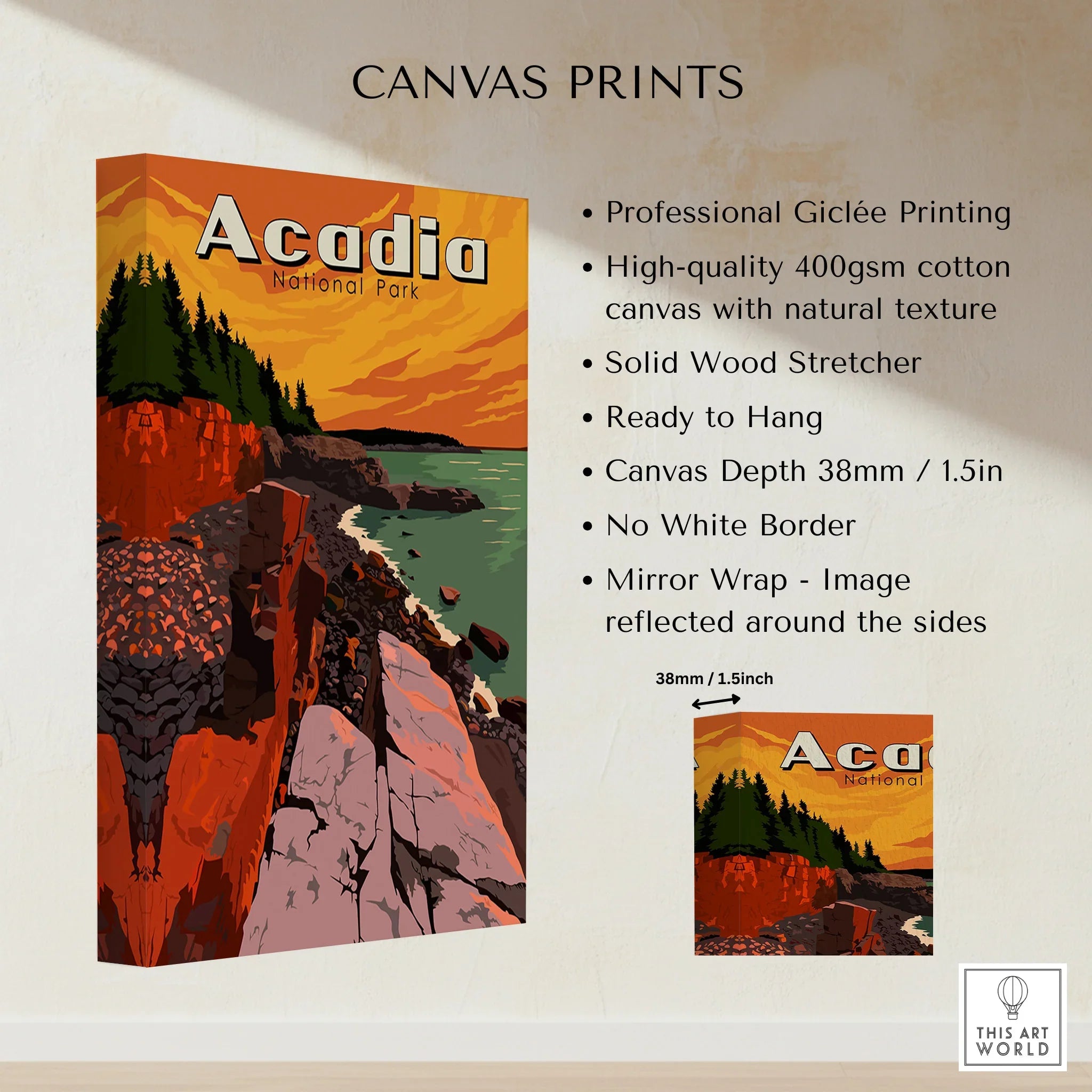 Acadia National Park canvas print showing rocky coast, pine trees, and vibrant sunset sky.