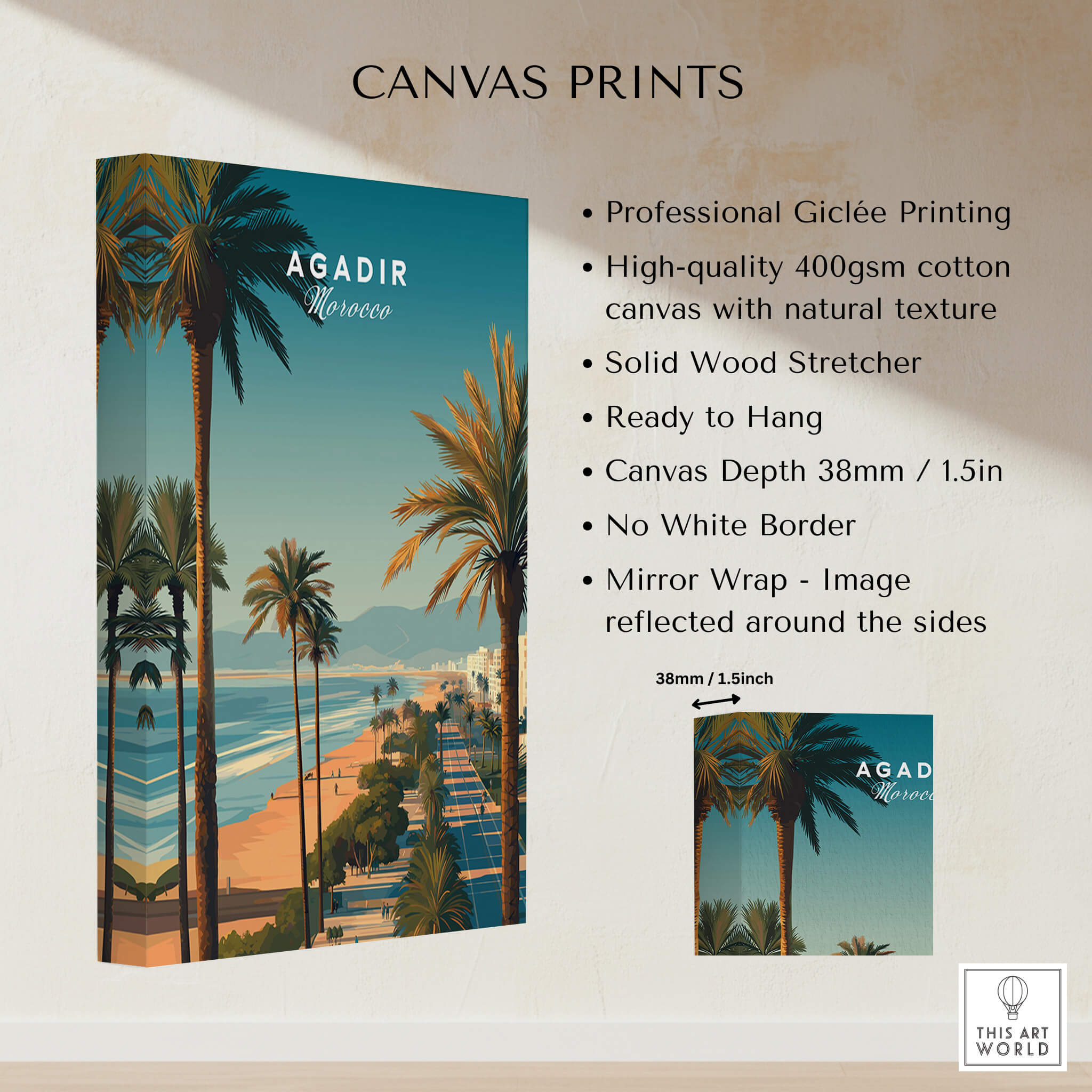 Agadir Travel Poster Print Morocco - Palm Trees canvas print with tropical scenery and high-quality materials.