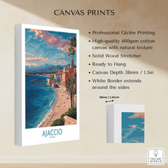 Ajaccio France Coastal Beach Art Print | Corsica Sunset City Poster showcasing professional Giclée printing and canvas details.