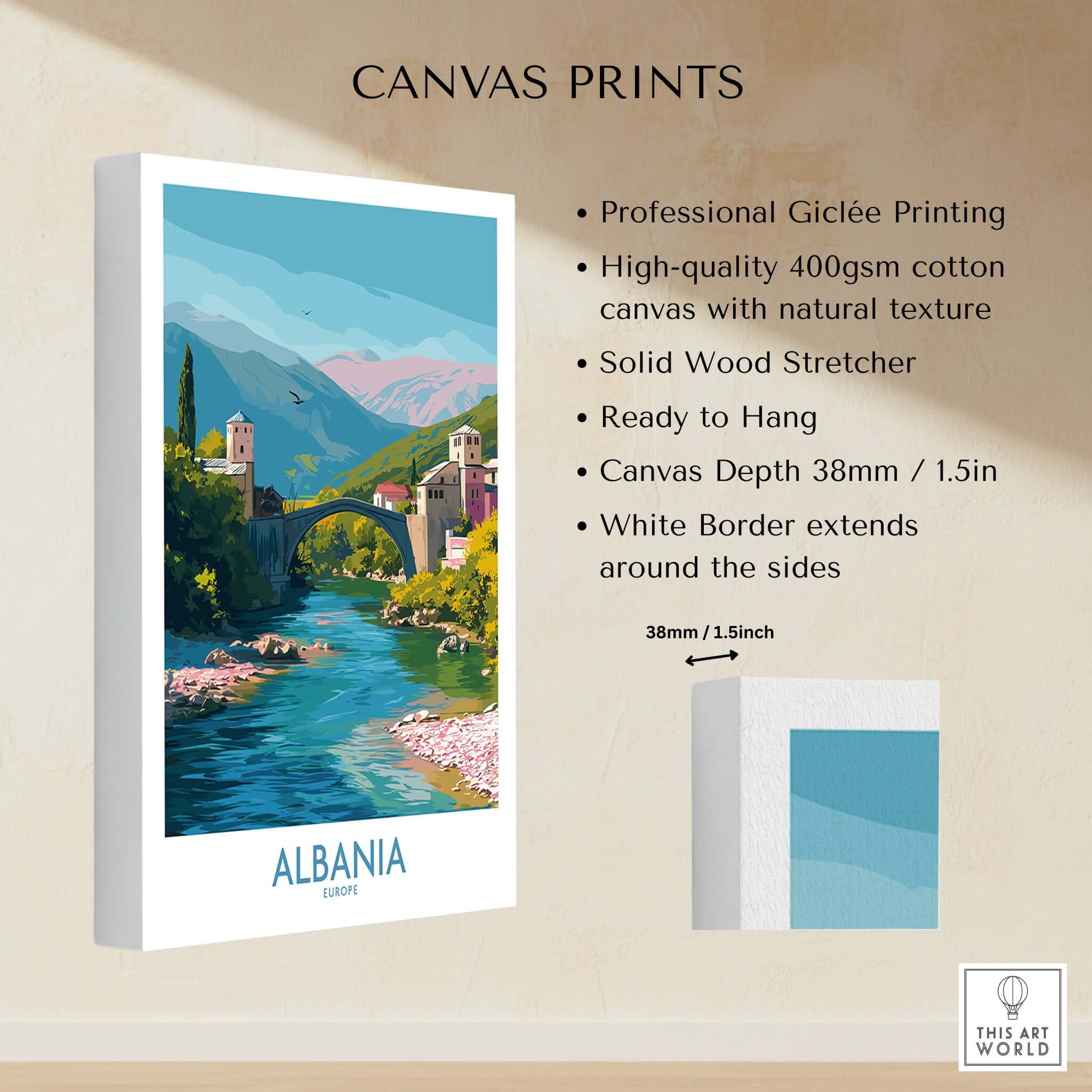 Albania Historic Stone Bridge Art Print | Mountain River Landscape Poster shown as canvas print with professional giclée printing.