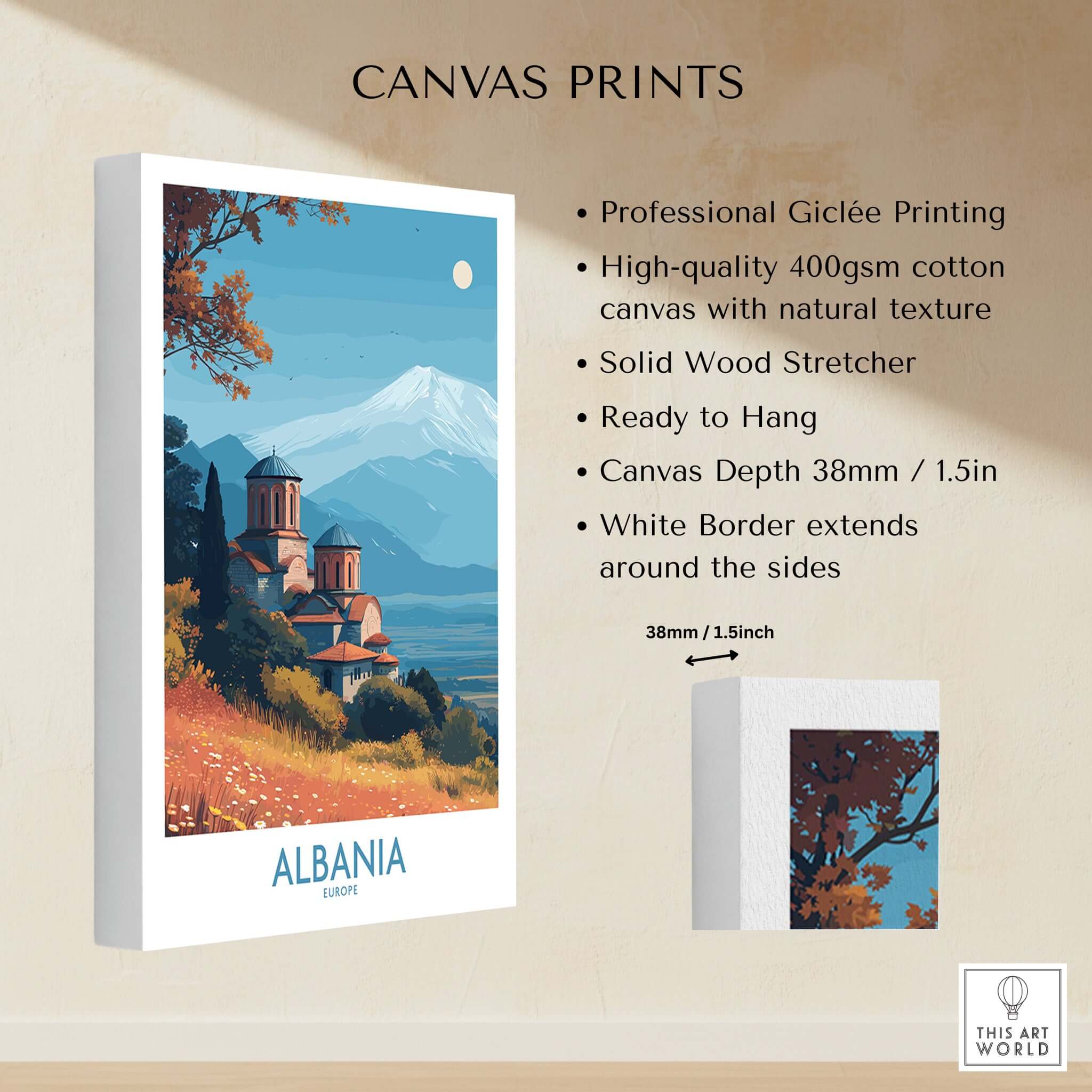 Albania Snow Mountain Church Art Print | Historic Monastery Landscape Poster featuring professional Giclée printing on canvas.