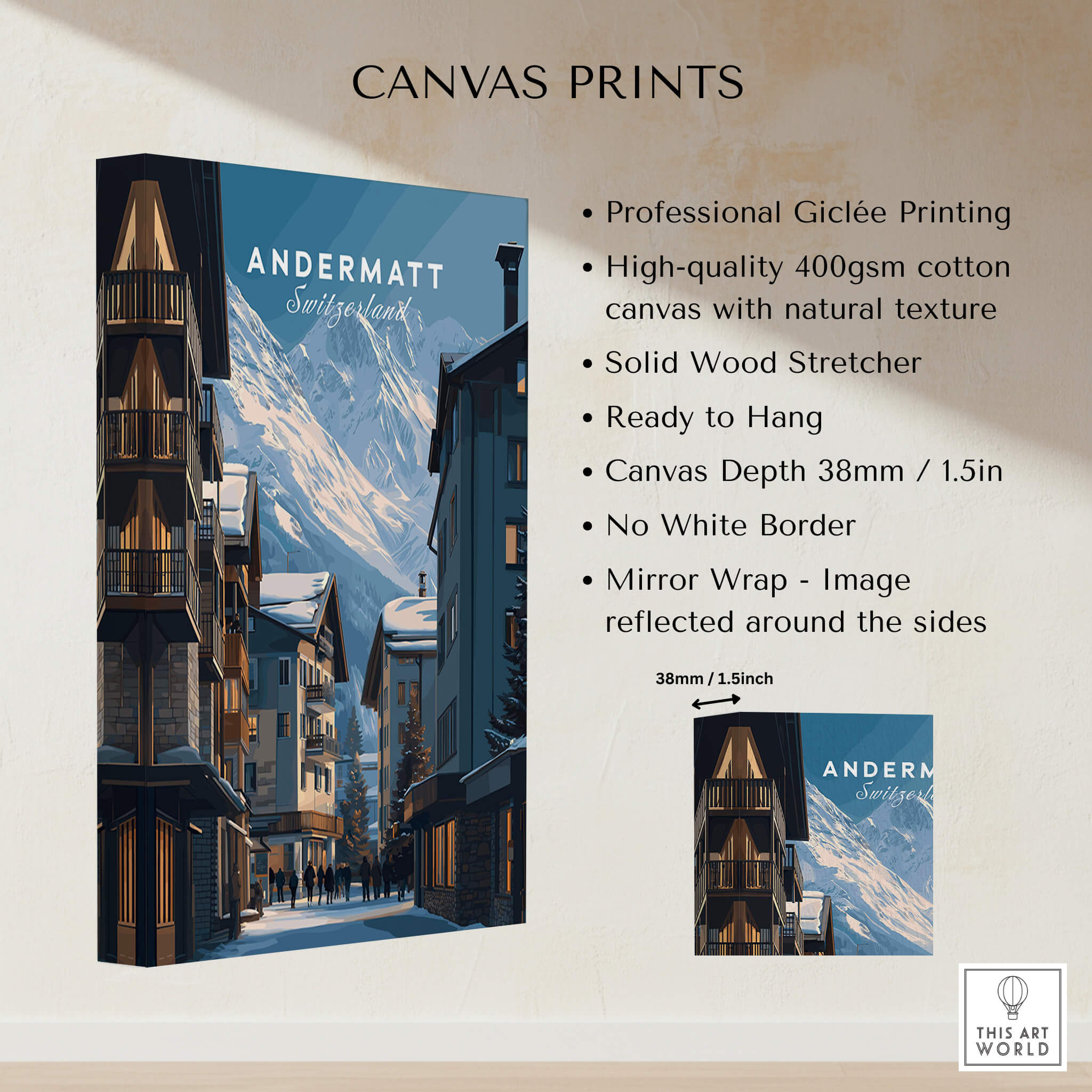 Andermatt Travel Poster – Swiss Alps Winter Village and Chalet Print showcasing professional giclée printing on canvas.