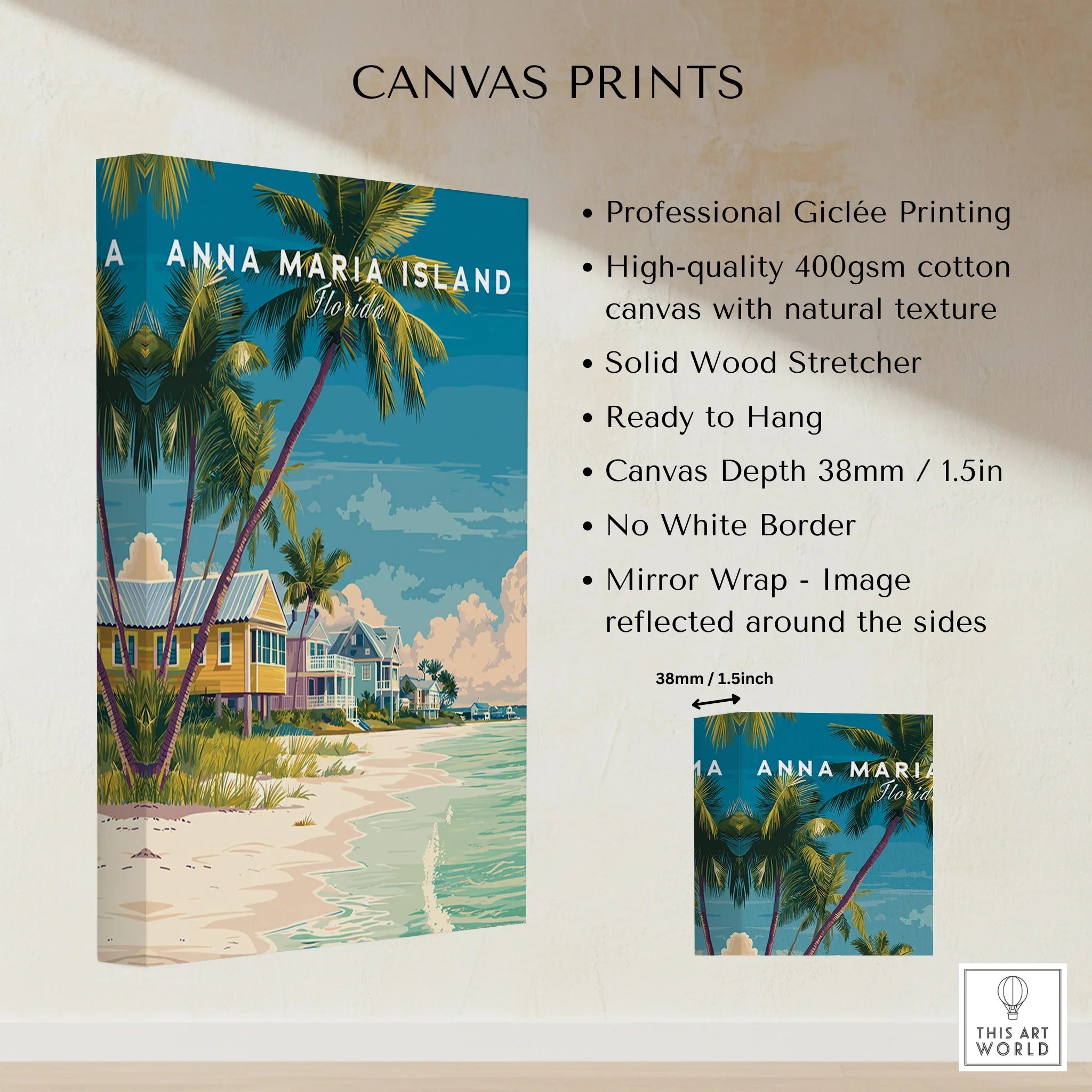 Anna Maria Island Florida canvas print with palm trees, beach houses, and ocean view on wall