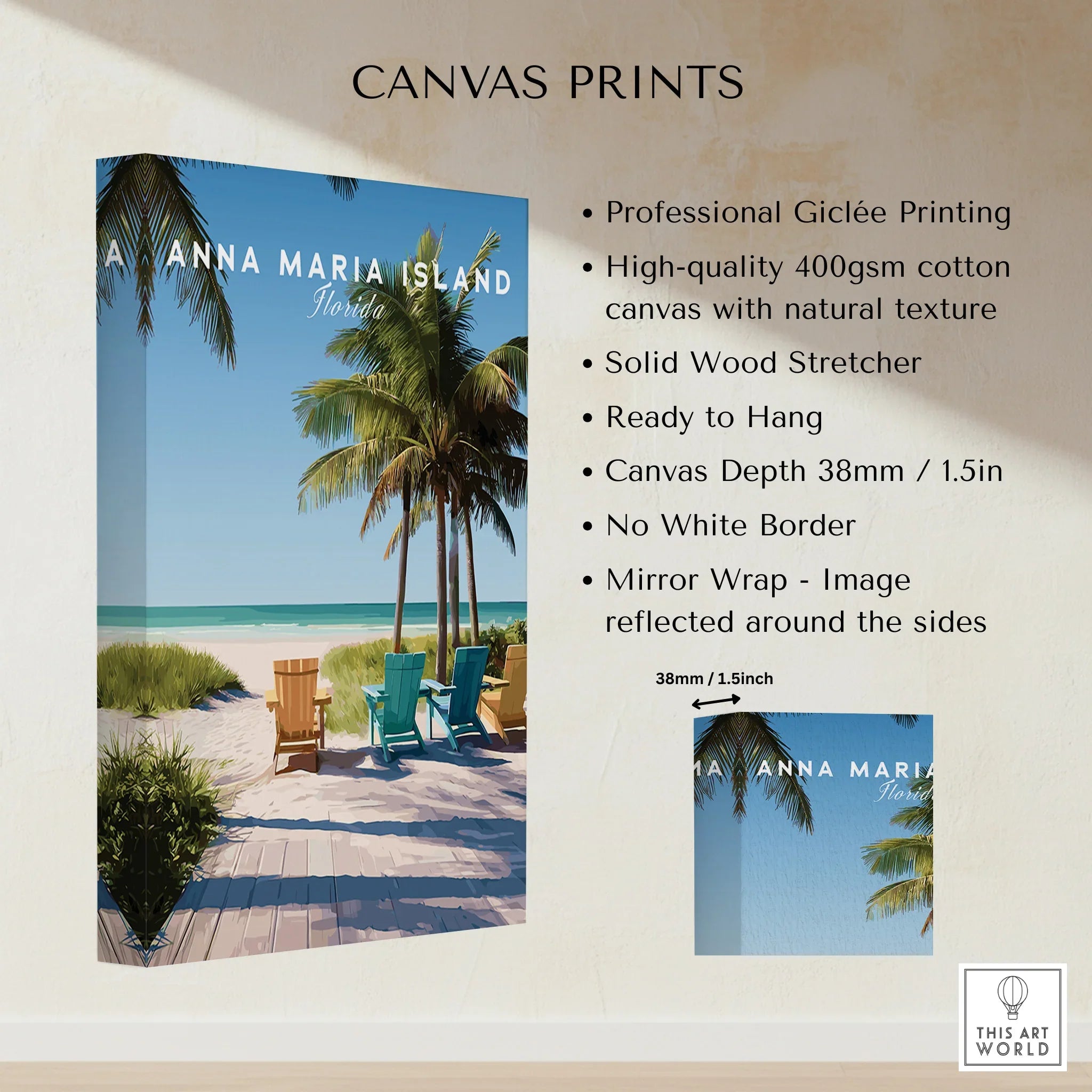 Stretched canvas print of Anna Maria Island beach scene with palm trees and colorful chairs