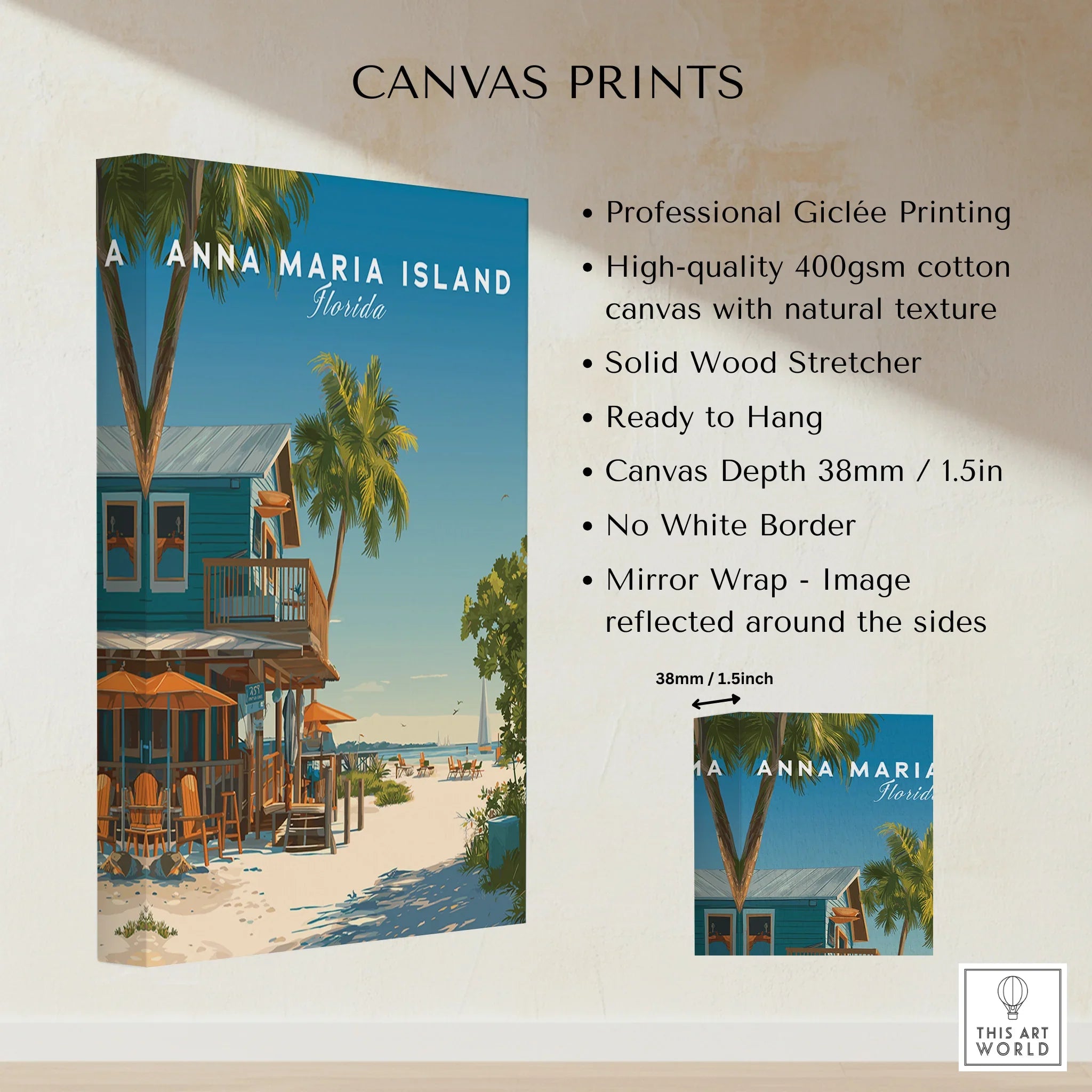 Anna Maria Island Florida canvas print featuring a beach house, palm trees, and sandy coast