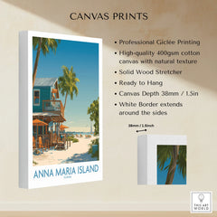 Anna Maria Island Florida canvas wall art print with palm trees, beach and house, white border, features and size details displayed.