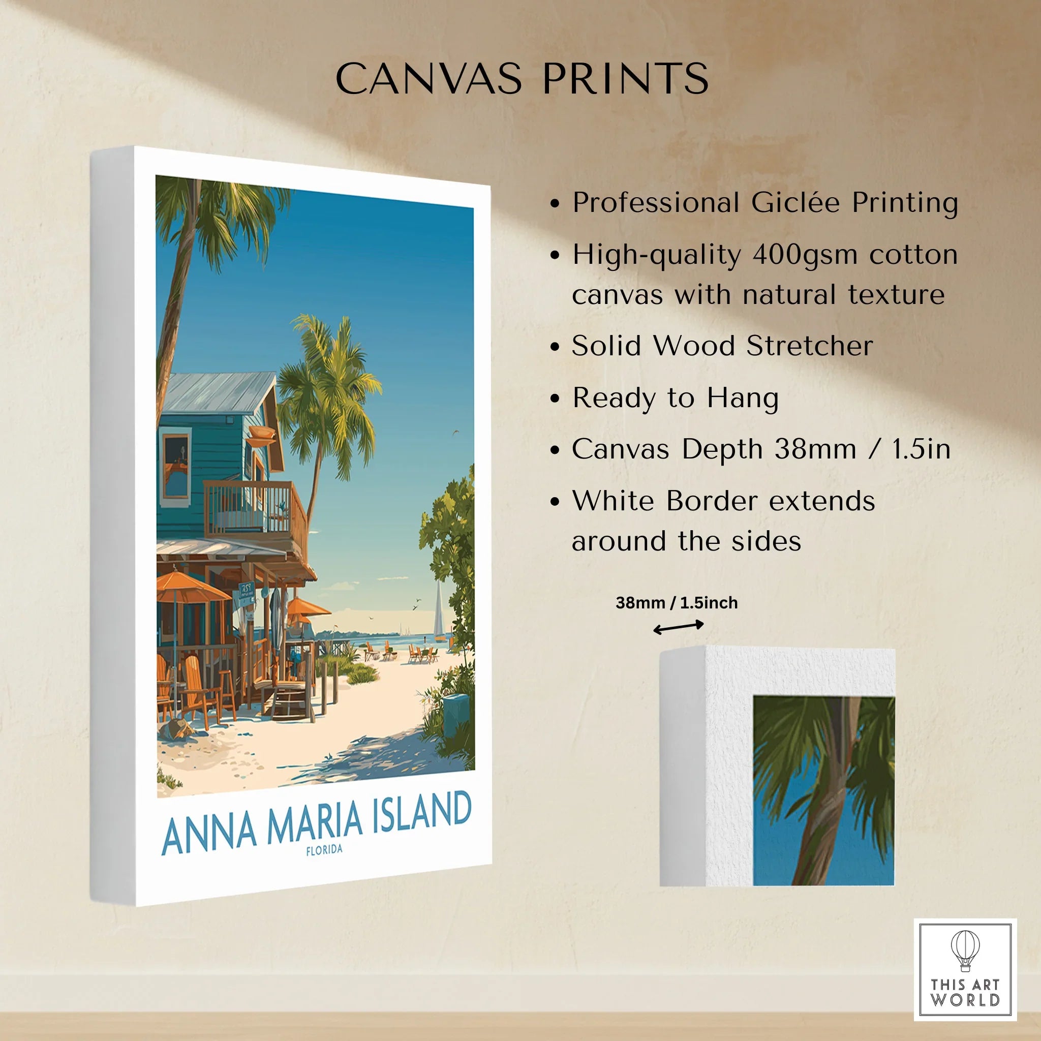 Anna Maria Island Florida canvas wall art print with palm trees, beach and house, white border, features and size details displayed.