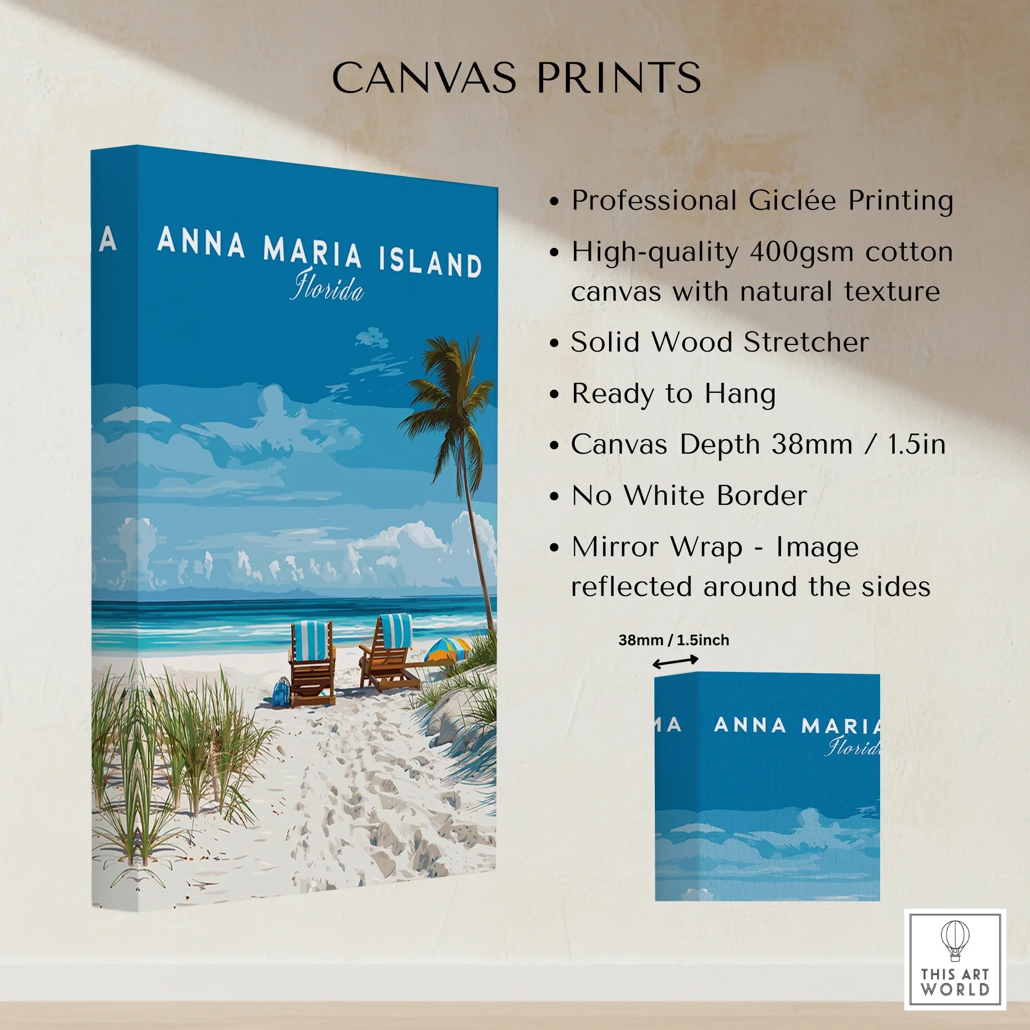 Anna Maria Island beach canvas print with palm trees, ocean view, and sandy path details.