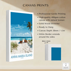 Anna Maria Island beach canvas print with palm tree, sand, and two chairs, wall art decor
