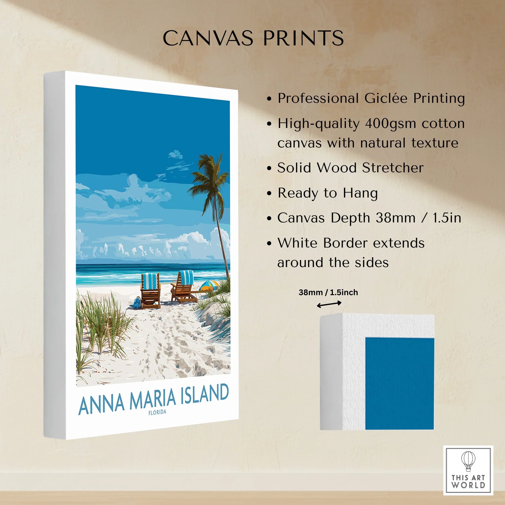 Anna Maria Island beach canvas print with palm tree, sand, and two chairs, wall art decor