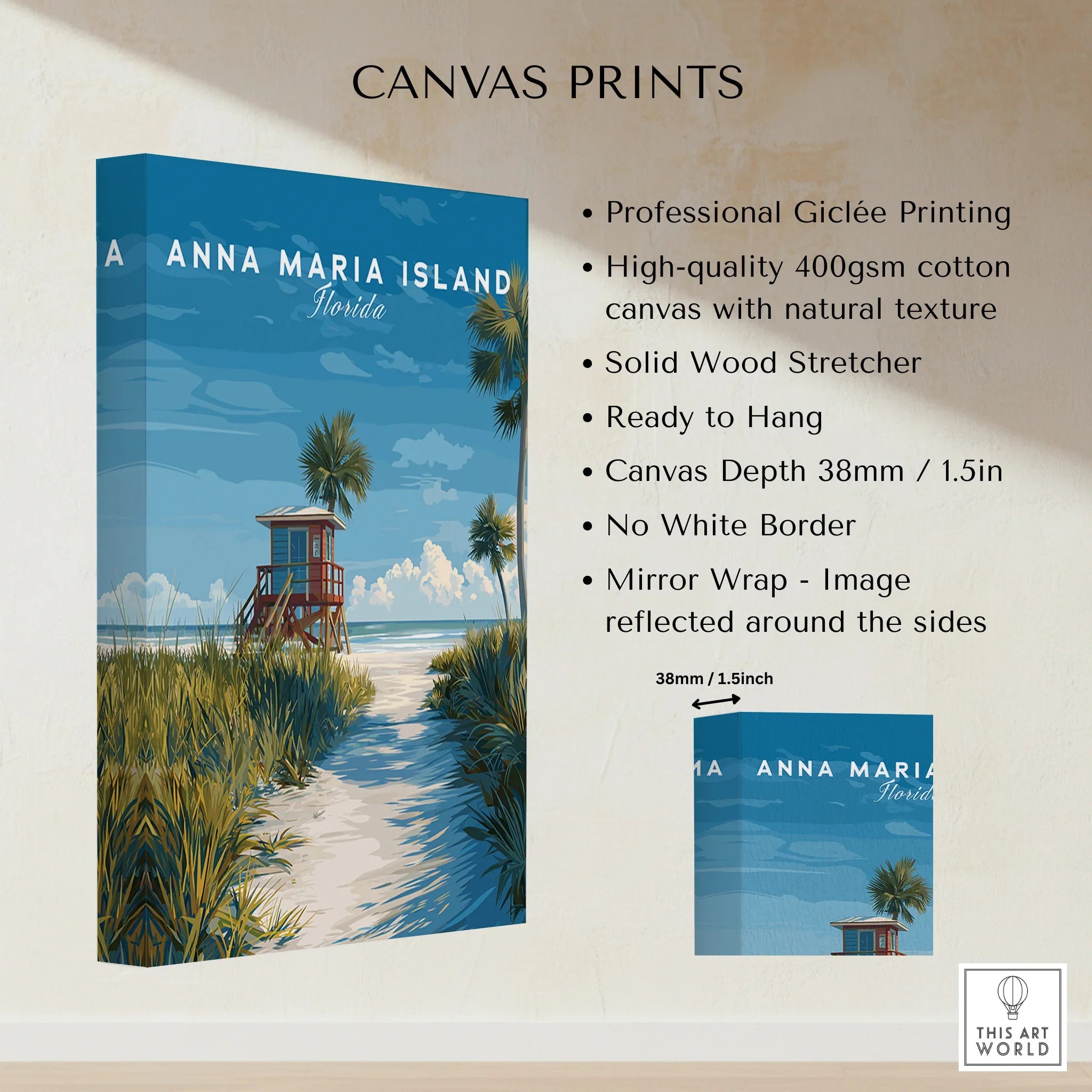 Anna Maria Island Florida canvas print with lifeguard tower, tropical beach and palm trees.