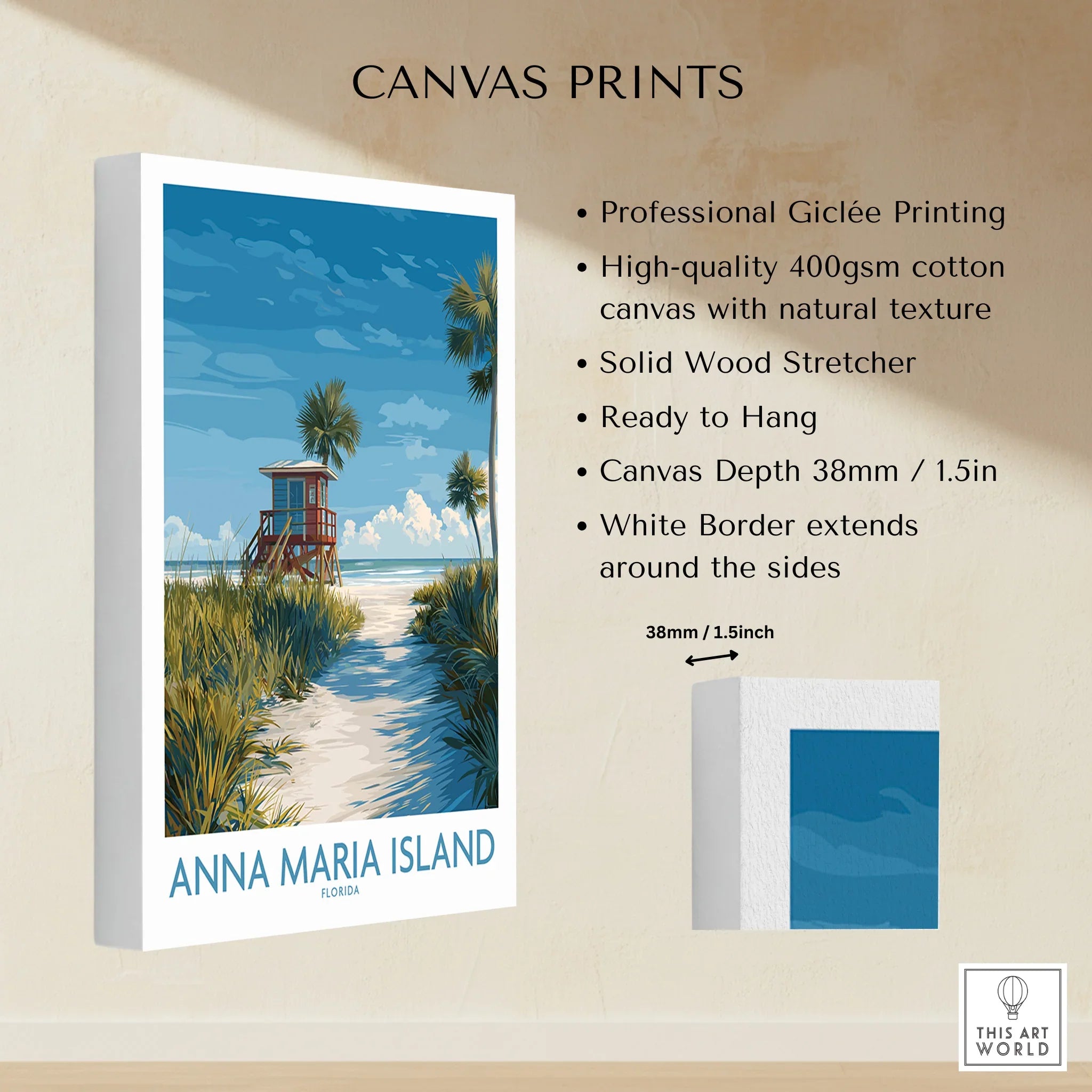 Anna Maria Island Florida canvas print with beach, palm trees, and lifeguard tower wall art