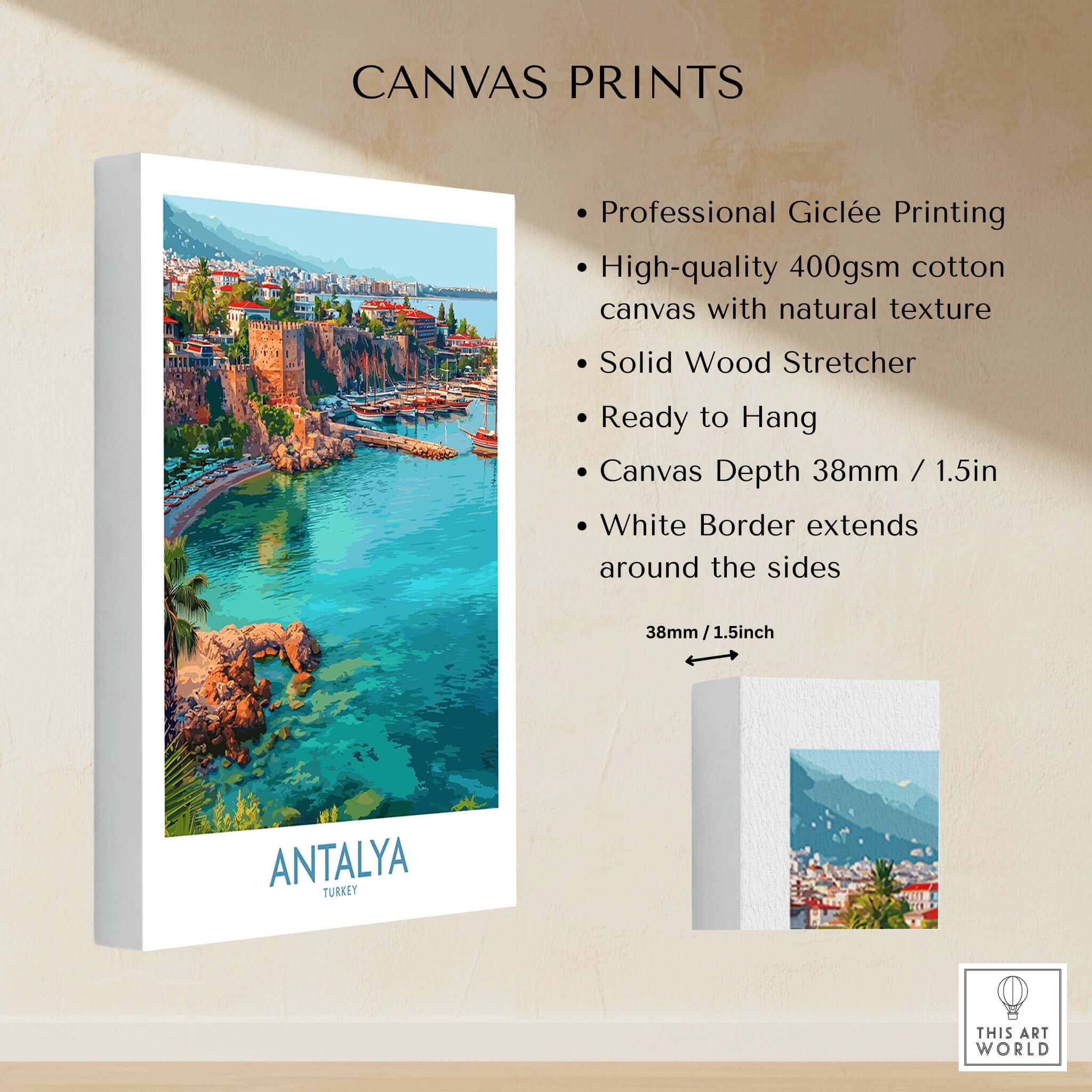 Antalya Turkey Old Harbor Art Print | Mediterranean Bay Travel Poster showcasing the stunning coastline and historic architecture.