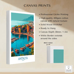 Antalya Turkey Kaleci Port Art Print | Historic Red Tower Poster - Giclée canvas print showcasing Antalya's vibrant landscape.