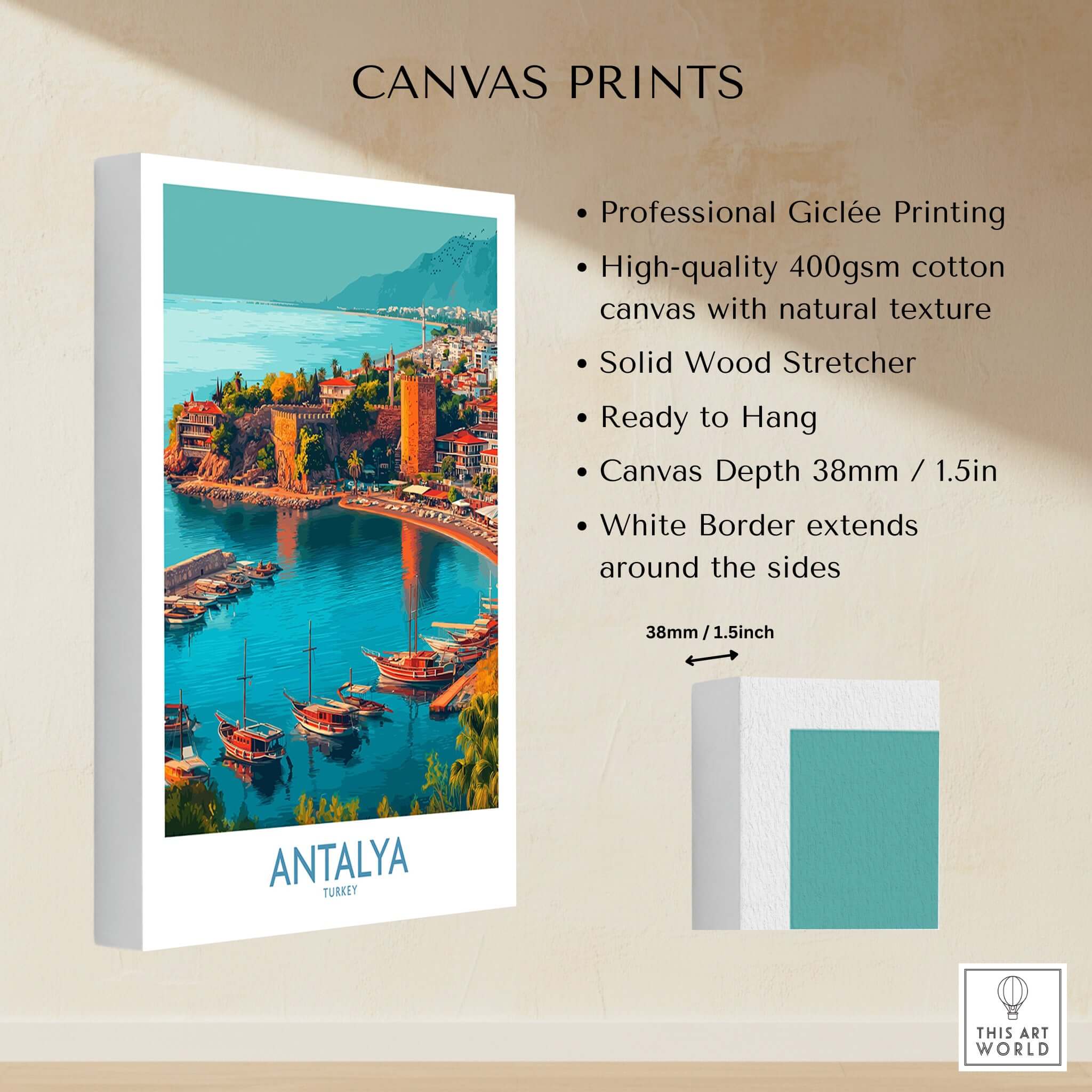 Antalya Turkey Kaleci Port Art Print | Historic Red Tower Poster - Giclée canvas print showcasing Antalya's vibrant landscape.