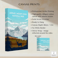 Aoraki Mount Cook National Park canvas print with mountain and forest landscape, elk silhouette, and product features listed on the side.